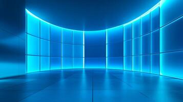 A spacious, modern room illuminated by vibrant blue light highlighting the curved walls, creating an impression of technology. photo