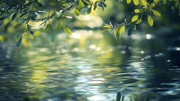 Sunlight dances on tranquil water, reflecting vibrant green leaves and creating a serene, natural scene. Water ripples and gleams. photo