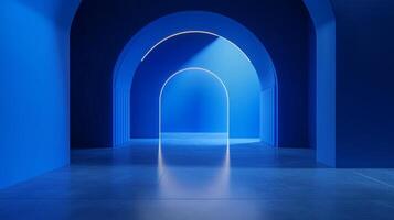A modern hall features luminous arched doorways creating a visually striking effect in an otherwise calming, monochromatic setting. photo