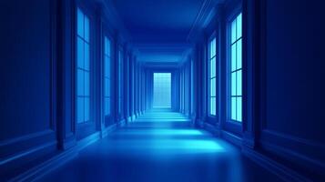 An infinite stretch of blue hallway with classic architecture illuminated by a soft ethereal glow guiding viewers into the distance. photo