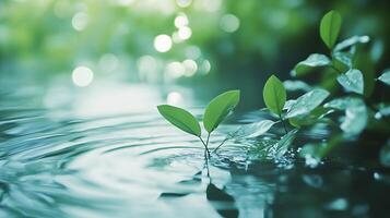 New life emerges from tranquil water. Lush green leaves sprout, reflected in the gentle ripples of a peaceful stream. photo