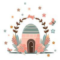 cute easter isolated house with flowers in soft gradient effect. easter art with cute lodge vector