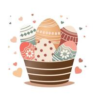 six colorful easter eggs in big brown bowl with gradien effect. easter with group of six colorful eggs vector