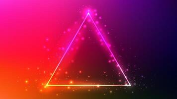 Neon triangle frame with shining effects and sparkles on dark red background. Empty glowing techno backdrop. illustration vector