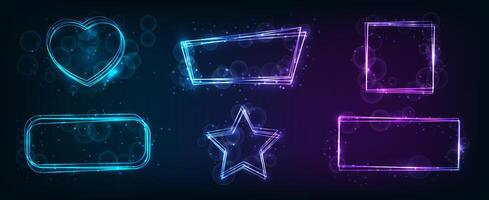 Six neon frames in different geometric forms with shining effects and sparkles on dark background. Empty glowing techno backdrop. illustration vector
