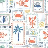 Tropical lobster pattern, summer Italy vacation mood. Retro palm trees, sardines, lemon in the frames. Mediterranean wallpaper, cute geometric design, textile, background, paper. Hand drawn art vector