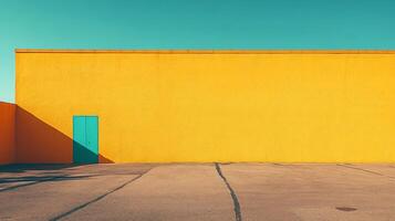 Yellow building with a blue door. The door is open and the building is empty. The building is in front of a blue sky photo