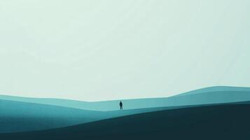 Man is standing in a field of grass. The sky is blue and the grass is green photo