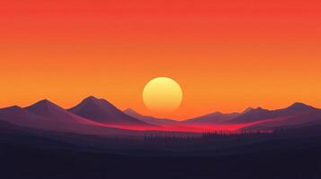 Sunset over a mountain range with a large sun in the sky. The sky is orange and the mountains are in the background photo