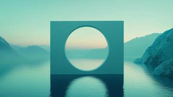 Serene turquoise landscape with a geometric portal reflecting in calm water under a gradient sunset sky photo