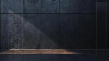 Sunlight illuminating empty space with dark tiled wall and brown floor, perfect for product placement photo