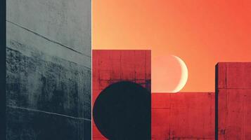 Geometric concrete walls and circle against a gradient orange sky with crescent moon, creating a minimalist and abstract architectural landscape photo