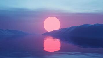 Large red sun is reflected in the water of a lake. The sky is a deep blue color, and the mountains in the background are covered in snow. The scene is serene and peaceful photo
