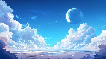 Breathtaking scenery of a large planet illuminating an empty beach on a sunny day, creating a surreal and peaceful atmosphere photo