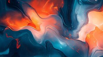 Orange and blue abstract painting mixing and swirling, creating a beautiful wavy pattern, perfect for backgrounds and creative projects photo