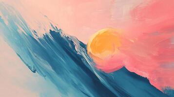Abstract painting showcasing a vibrant sunrise over a mountain range, with bold brushstrokes in shades of blue and pink creating a dynamic composition photo