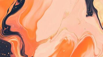 Abstract fluid acrylic painting background in orange, pink, and black with gold glitter, creating a luxurious marbled effect photo