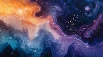 Fluid acrylic painting creating an abstract space scene with vibrant colors, resembling a nebula and stars photo