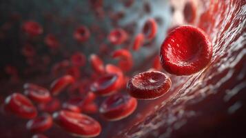 Close-up of flowing red blood cells, vital for oxygen transport and overall health in a dynamic human vascular system. photo