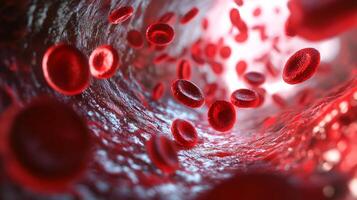 Microscopic view of red blood cells flowing through a blood vessel, illustrating circulation and essential physiological processes. photo