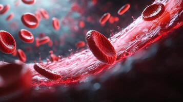 A vibrant close-up captures red blood cells flowing within a vessel, highlighting their vital role in oxygen transport throughout the body. photo