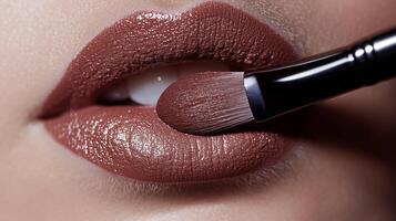 Glamorous lips are being touched up with a precise brush to create a flawless finish. The focus is on perfecting the pout with careful artistry. photo