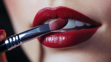 Close-up of applying red lipstick with a brush, emphasizing beauty and a glamorous look. The focus is on the vibrant color and flawless finish. photo
