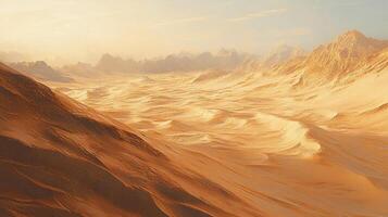 Expansive desert landscape featuring towering dunes and distant mountains, bathed in the warm, golden light of the setting sun. Serene and vast. photo