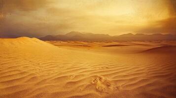 Golden hour illuminates rolling sand dunes leading to distant mountains, creating a serene and expansive desert landscape. photo