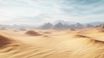 Serene desert landscape with rolling sand dunes stretching towards distant mountains under a soft, hazy sky. photo