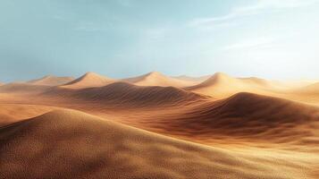 Sand dunes stretch into the distance under a soft blue sky. The warm tones of the sand create a serene and desolate landscape. photo