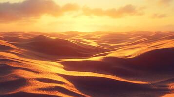 Golden hour over rolling sand dunes creates an ethereal desert landscape, illuminated by warm light and soft shadows. Unending expanse. photo