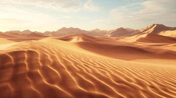 Golden desert landscape with rolling sand dunes and distant mountains under a soft, hazy sky. Serene and vast environment. photo