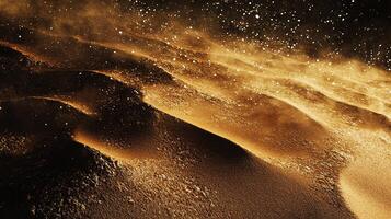 Golden sand dunes shimmer under a dark sky speckled with starlight, creating a serene and ethereal desert landscape at twilight. photo