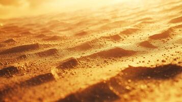 Golden desert landscape with undulating sand dunes, shimmering in sunlight, creating a warm, textured vista. photo