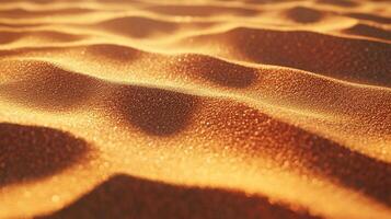 Golden desert dunes shimmer under the sunlight, creating a warm and inviting scene. The sand is soft and textured in a abstract way. photo