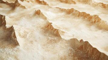 Elevated peaks covered in light sand create a stark contrast, offering a unique terrain perspective reminiscent of a desert landscape. photo