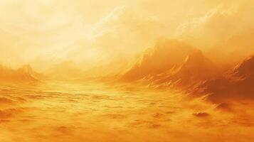 Vast, orange-hued landscape with mountainous formations obscured by a hazy atmosphere, evoking a sense of desolate beauty and otherworldly charm. photo