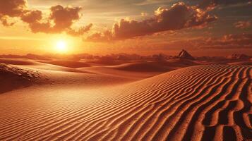 Golden desert landscape with textured sand dunes and a warm sunset. Calm, vast and inspiring nature scenery in warm hues. photo