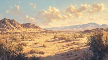 Arid desert landscape with distant mountains, shrubs, and a cloudy sky. Warm colors create a peaceful, natural setting. photo