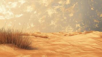 A serene landscape of undulating sand dunes and sparse vegetation, beneath a textured sky, evokes the tranquility of desert plains. photo