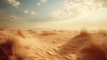 Golden hour bathes a tranquil desert scene, dunes rippling under a soft sky with sparse vegetation, capturing serene natural beauty. photo