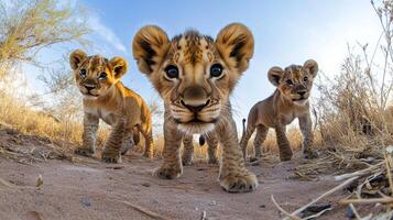Three lion cubs explore their savanna habitat, their innocent eyes full of curiosity as they venture into the vast wilderness together. photo