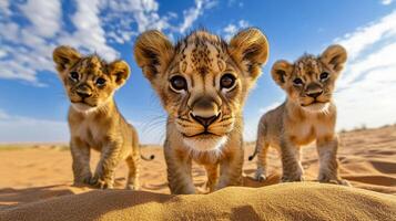 Three adorable lion cubs stand playfully on the sand under a bright sky, showing their endearing curiosity and close bond. photo