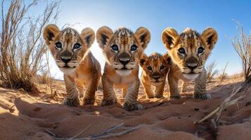 Curious lion cubs exploring their savanna home, their playful innocence radiates in this striking wildlife portrait. photo