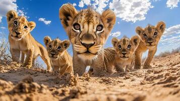 A pride of curious lion cubs gathers together, their playful energy filling the vast, open savanna landscape under the bright sky. photo