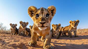 A curious pride of lion cubs approaches the camera with bright eyes and fuzzy ears, exploring their world on the African savanna. photo