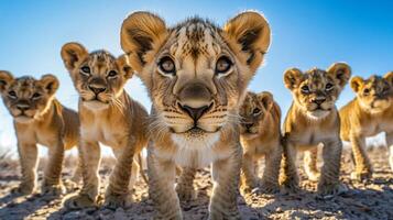 A charming assembly of lion cubs stare inquisitively at the camera, their endearing gaze capturing the essence of youthful curiosity. photo