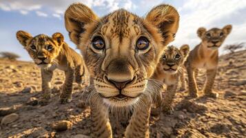 A close-up of adorable lion cubs exploring their habitat, offering a glimpse into their playful nature and the beauty of wildlife. photo