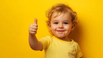 A cheerful toddler smiles brightly while giving a thumbs up against a vibrant yellow backdrop, radiating positivity and joy. photo